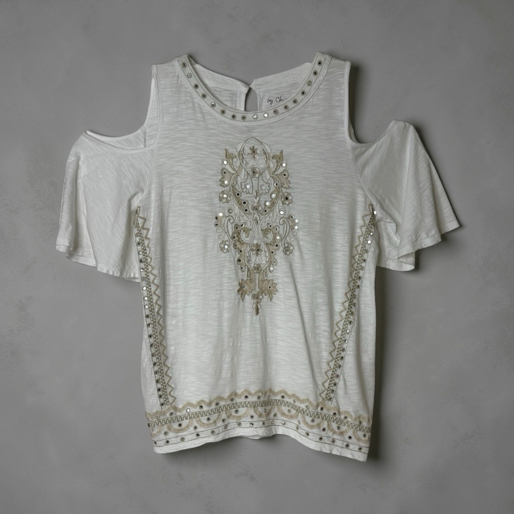 Chico's BOHO White Embroidered Flutter Short Sleeve Cold Shoulder Top Womens 2